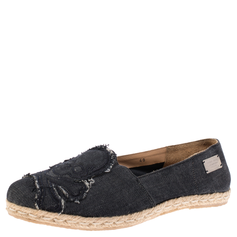 Image of Philipp Plein Black Denim Sandy Skull Espadrilles Size