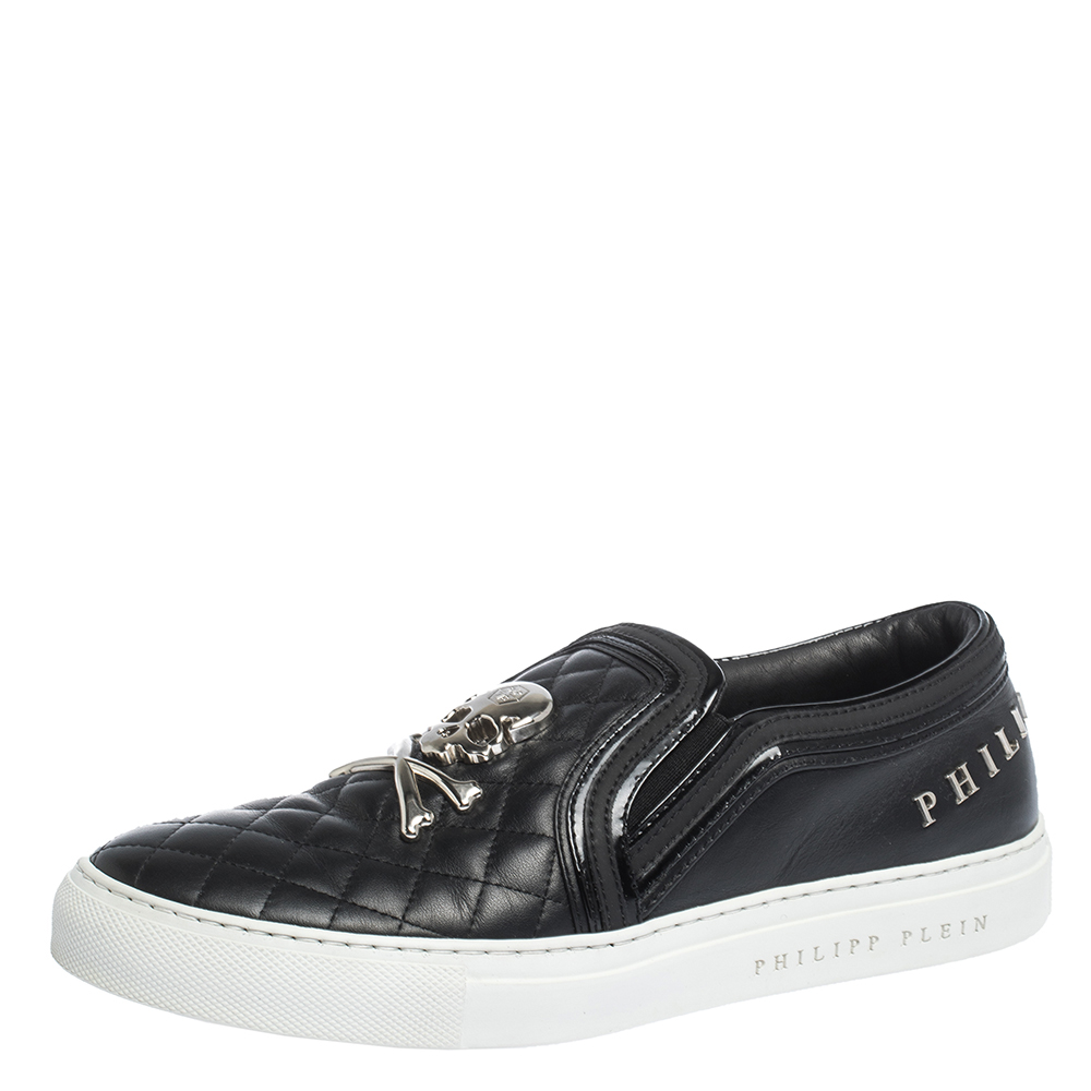 Image of Philipp Plein Black Leather Skull Slip On Sneakers Size