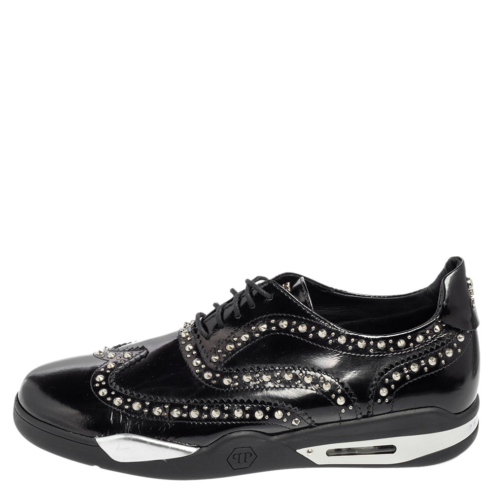 Philipp Plein Black Patent Leather Studded Accents Brogues Size 43