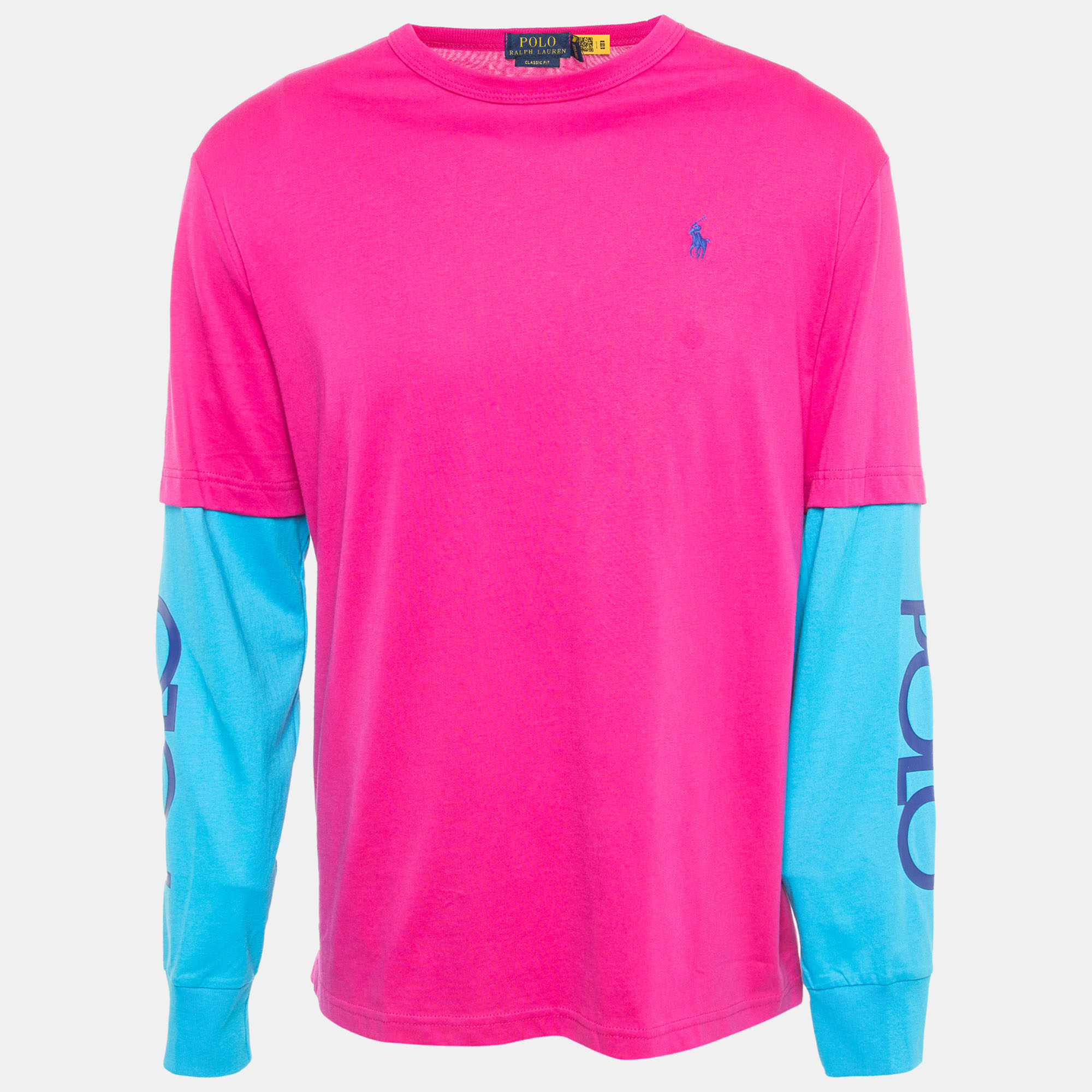 Polo ralph lauren pink/blue cotton classic fit long sleeve t-shirt m