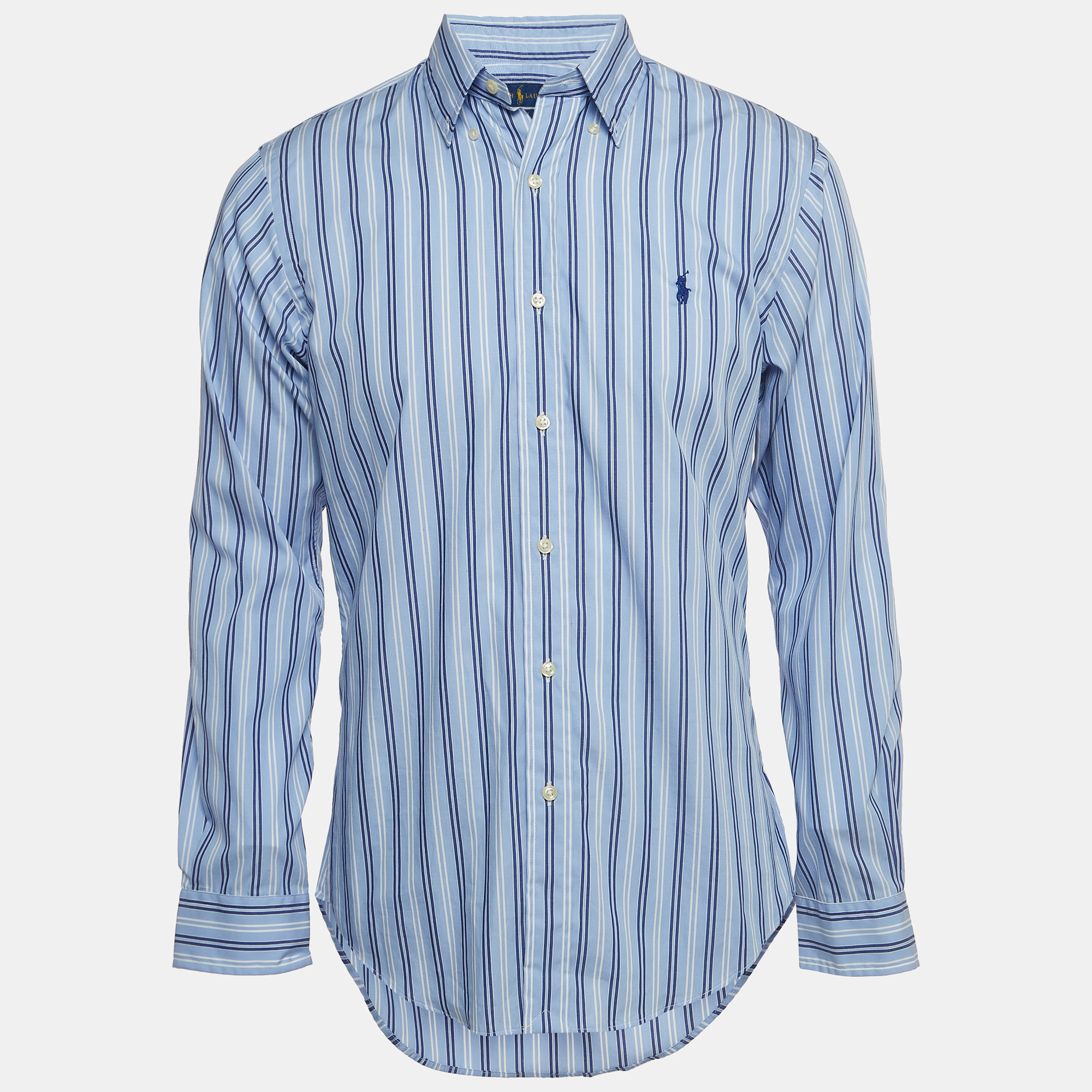 Polo ralph lauren blue stripe cotton slim fit button down shirt m