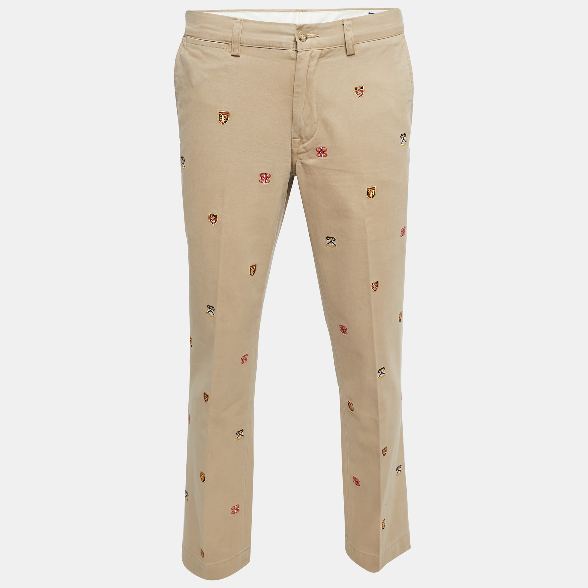 Polo Ralph Lauren Beige Crest Embroidered Cotton Trousers L