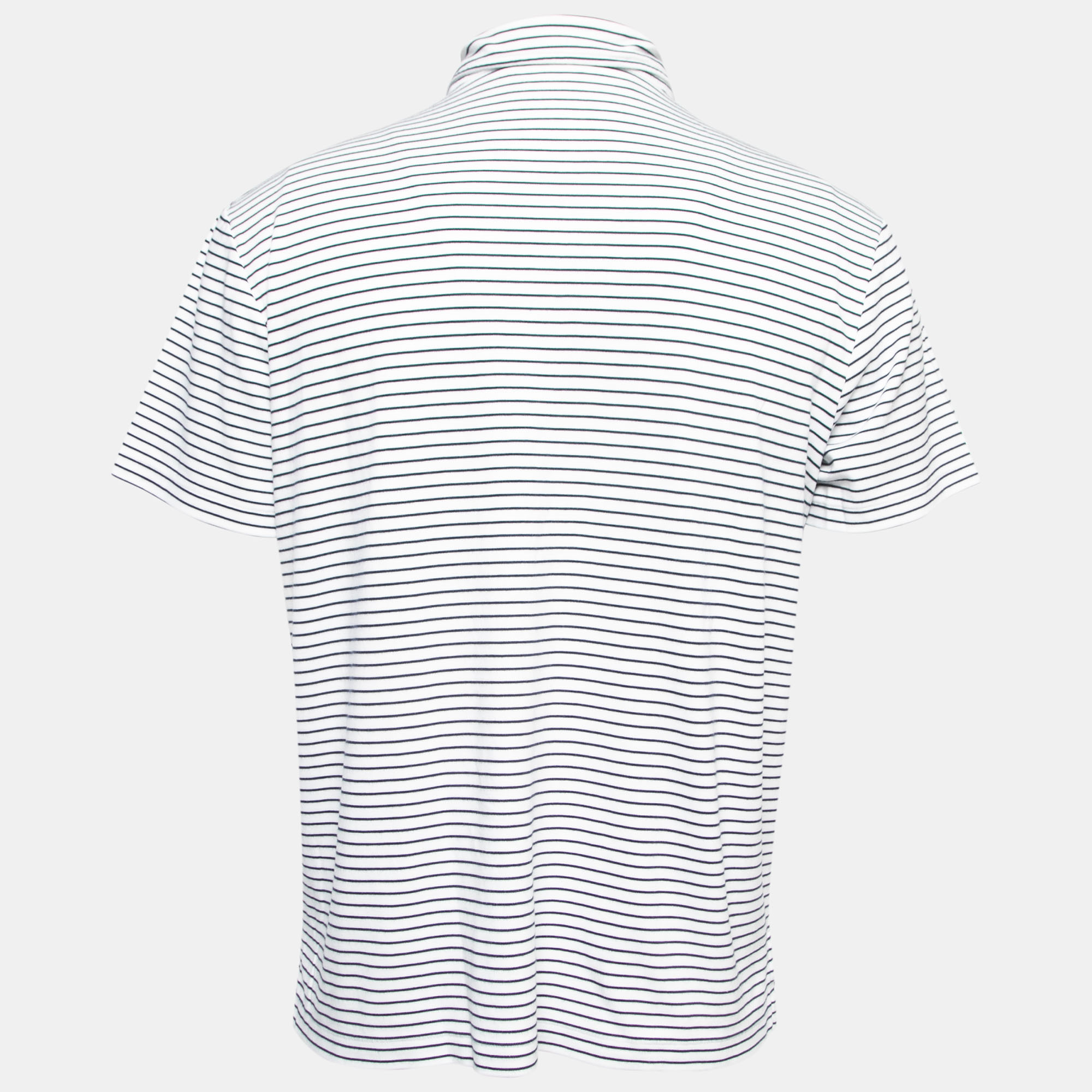 Polo Ralph Lauren White & Navy Blue Striped Cotton Knit Polo T-Shirt L