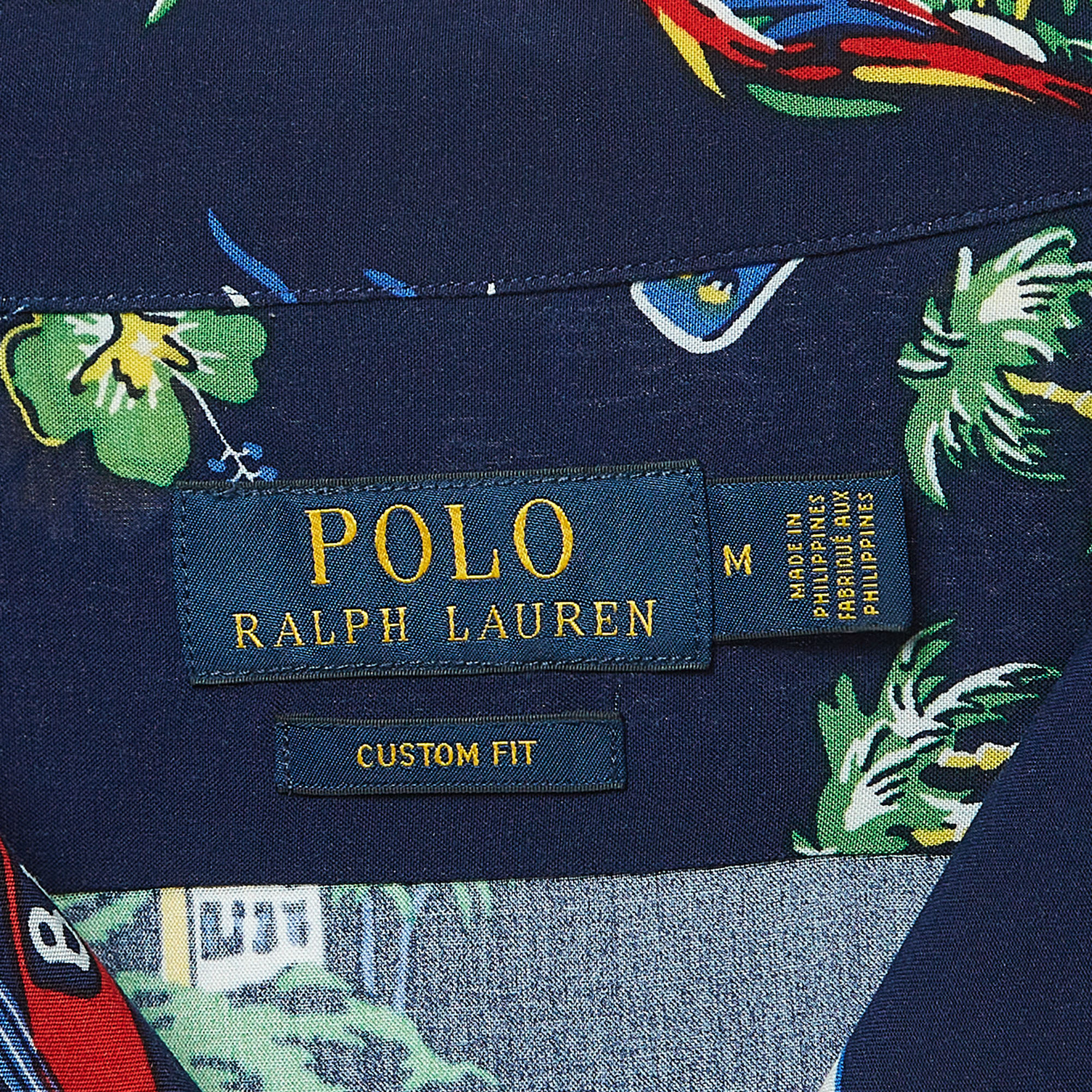 Polo Ralph Lauren Navy Blue Print Crepe Button Front Custom Fit Shirt M
