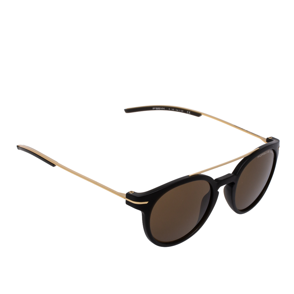 Image of Porsche Design Matte Black & Gold/ Brown P' Round Sunglasses