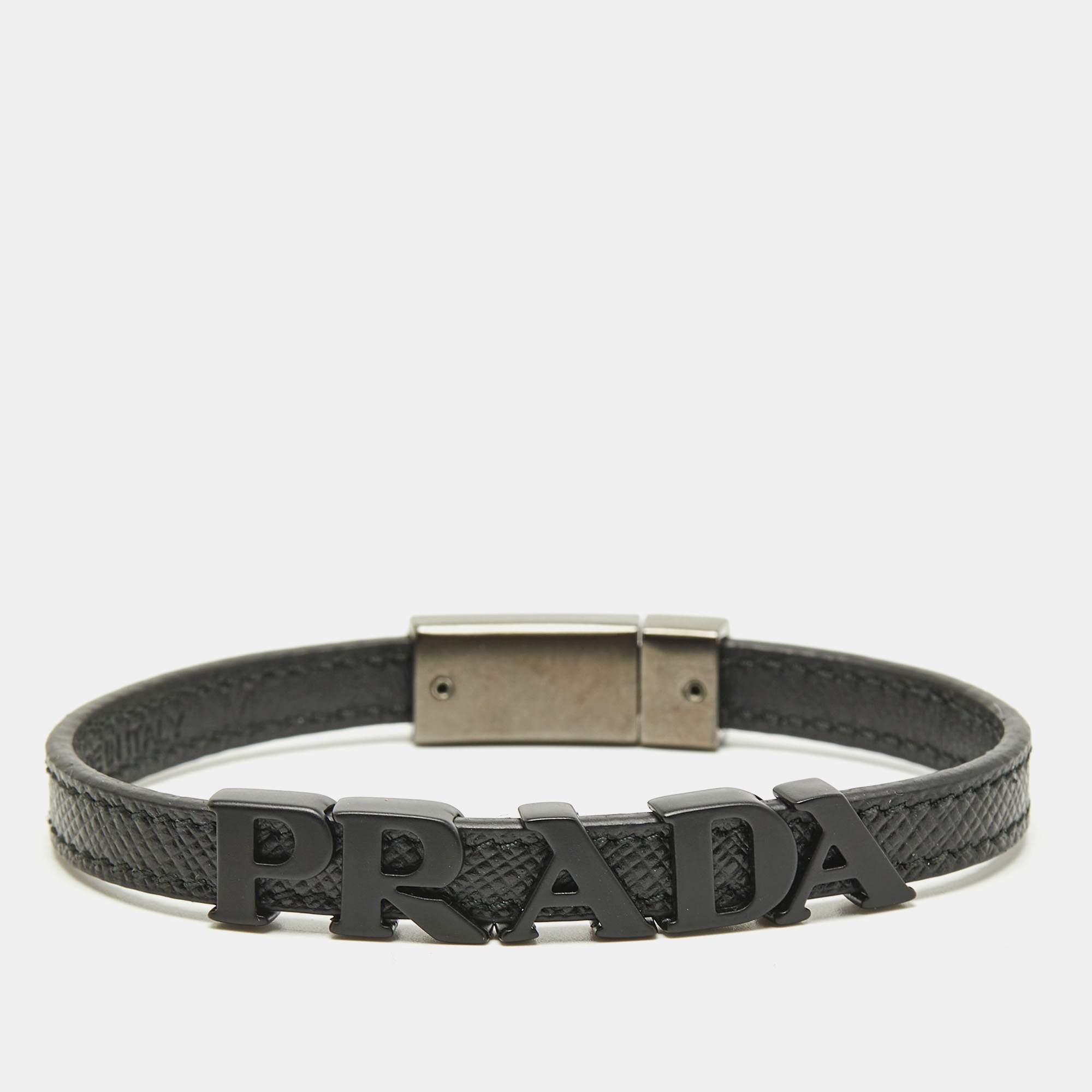 Prada logo black coated and gunmetal tone leather bracelet