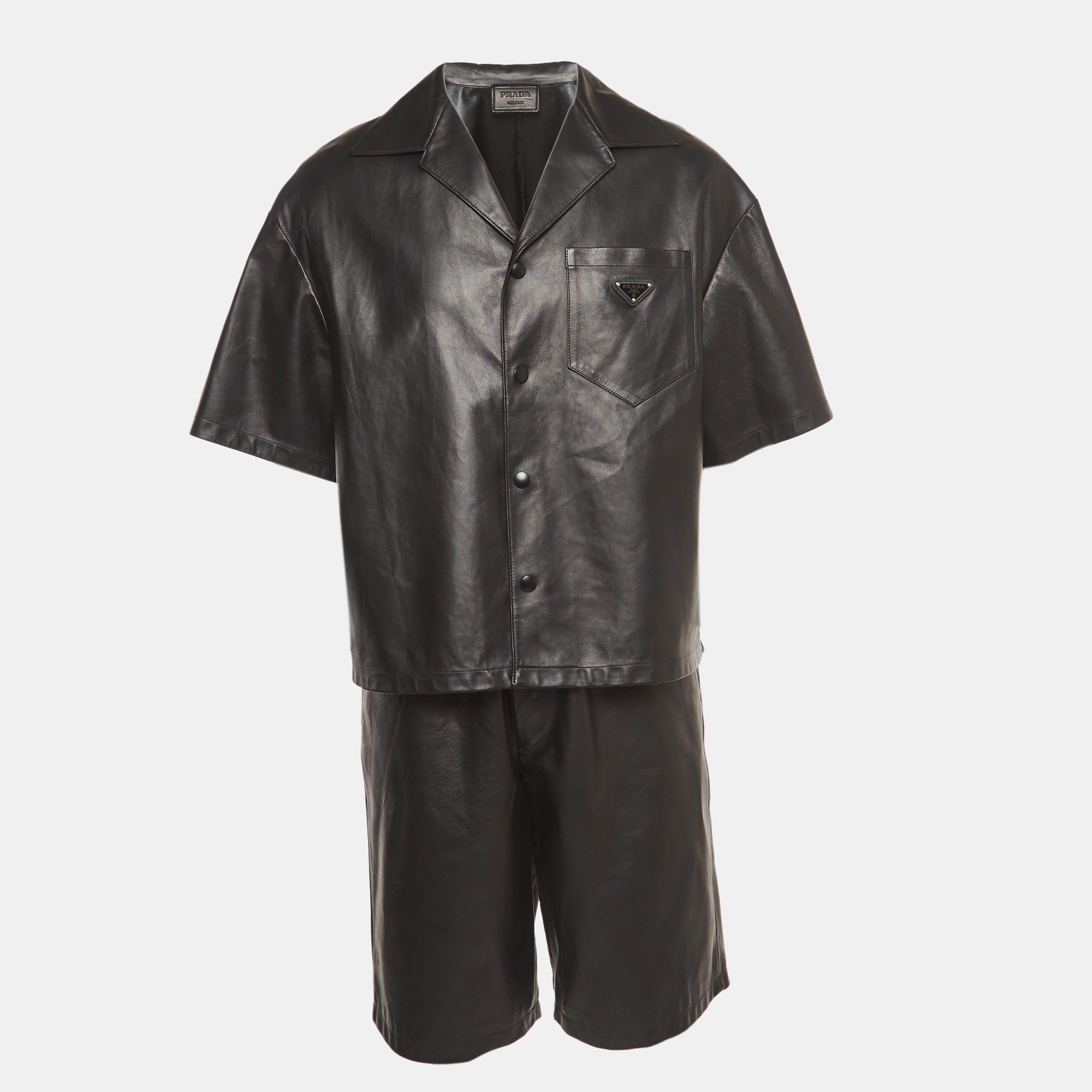 Prada black nappa leather metal logo embellished shorts and shirt set m