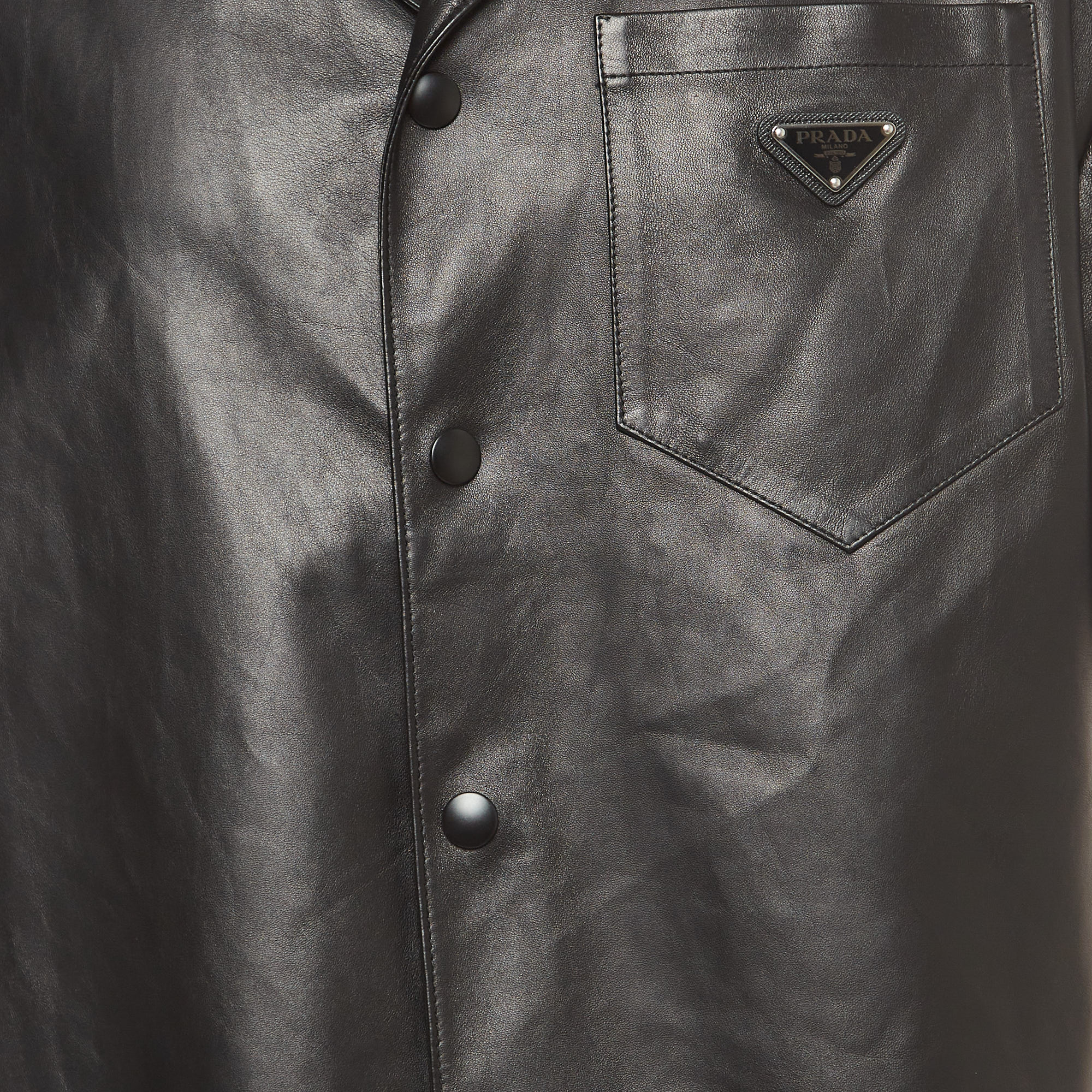 Prada Black Nappa Leather Metal Logo Embellished Shorts And Shirt Set M
