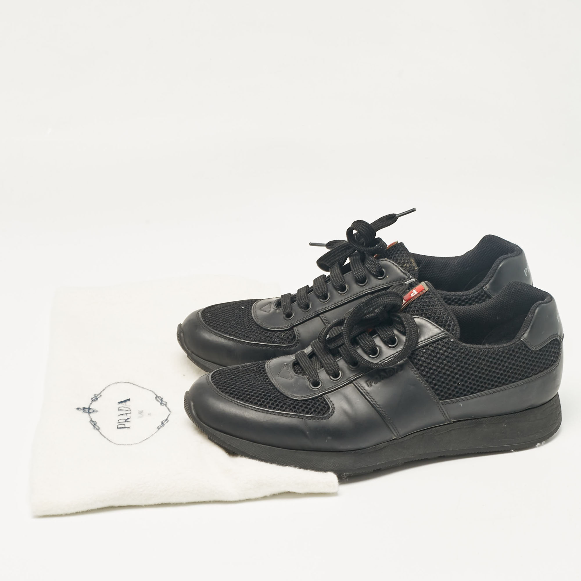 Prada Sport Black Leather And Mesh Lace Up Sneakers Size 42.5