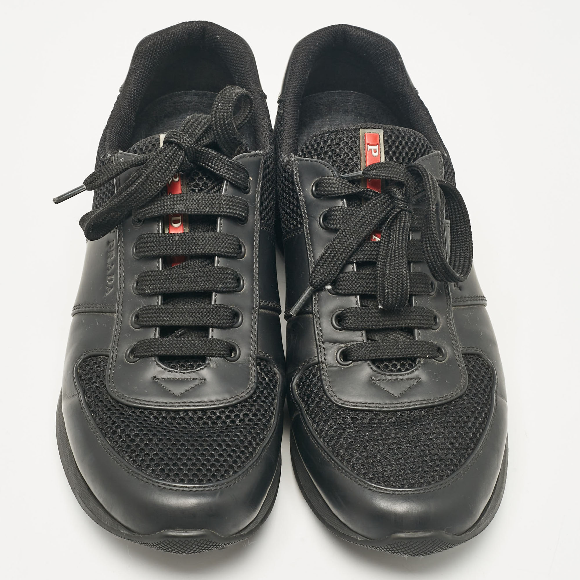 Prada Sport Black Leather And Mesh Lace Up Sneakers Size 42.5