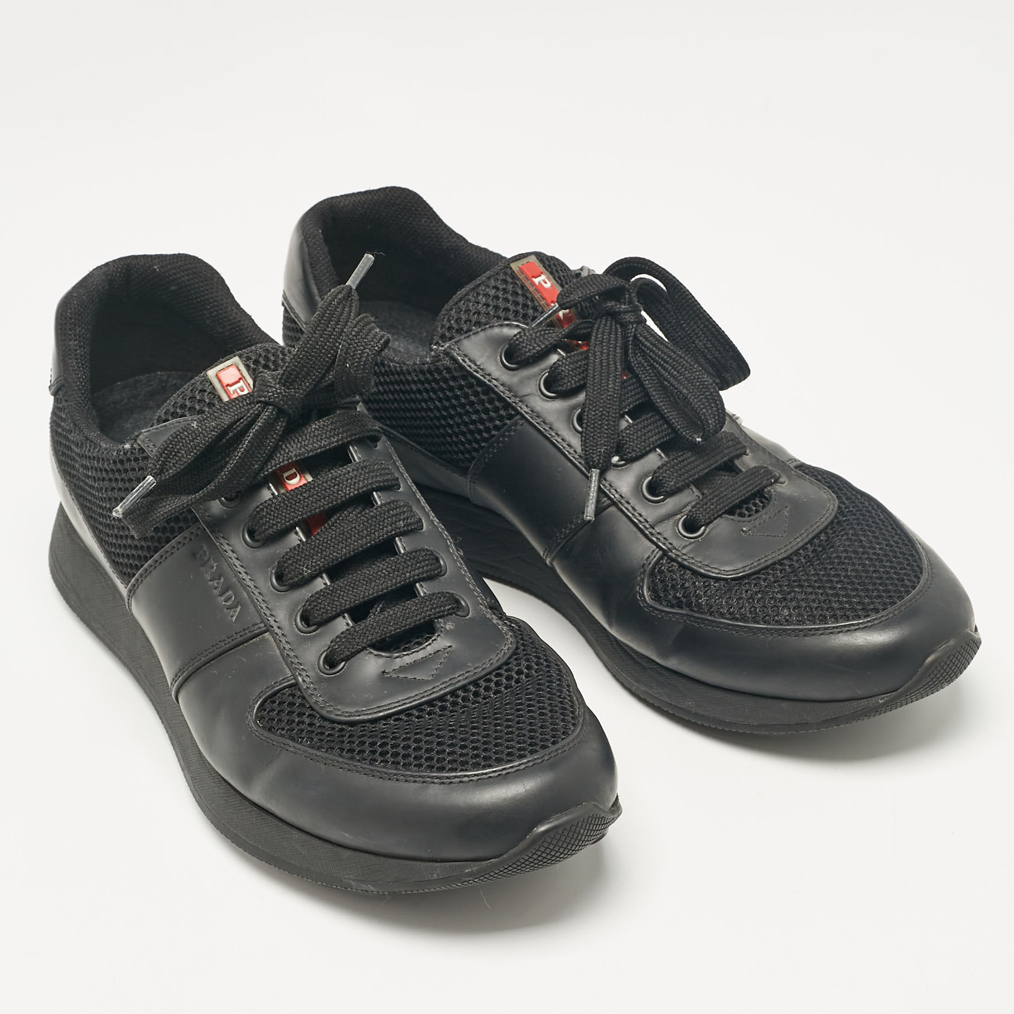 Prada Sport Black Leather And Mesh Lace Up Sneakers Size 42.5