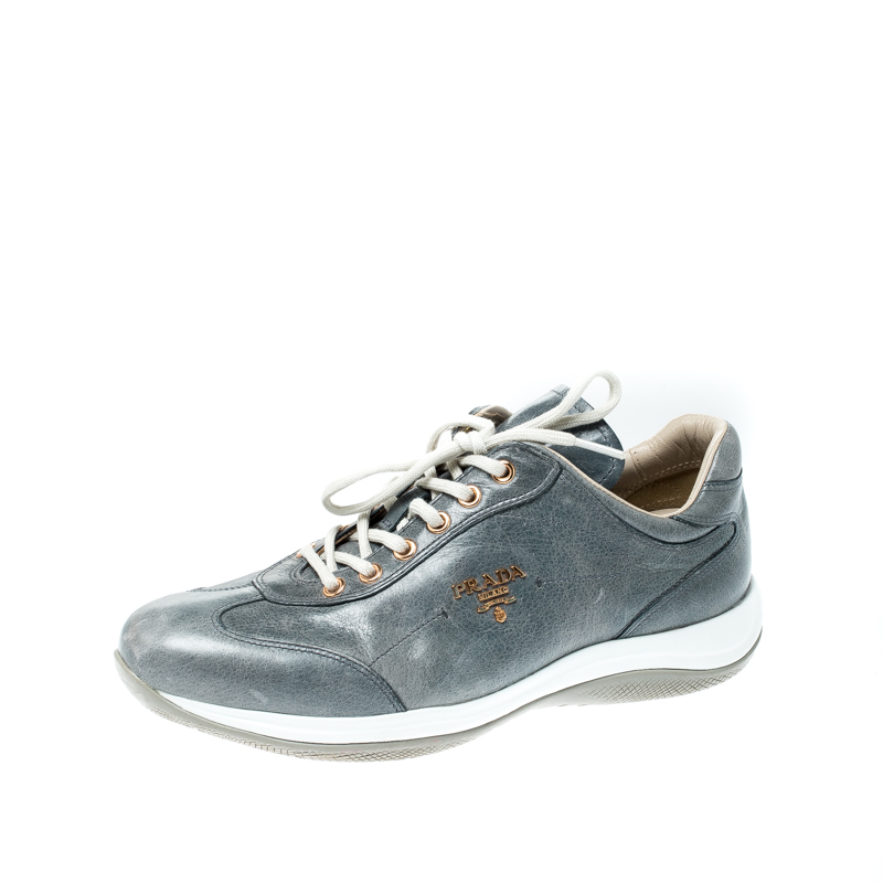 Image of Prada Sport Blue/Grey Leather Lace Up Sneakers Size