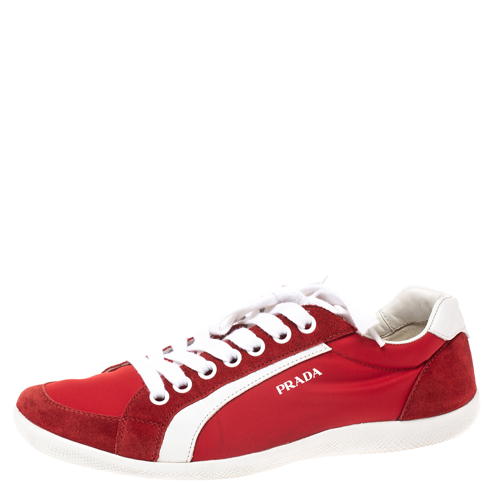 Image of Prada Sport Red Leather and Nylon Low Top Sneakers Size