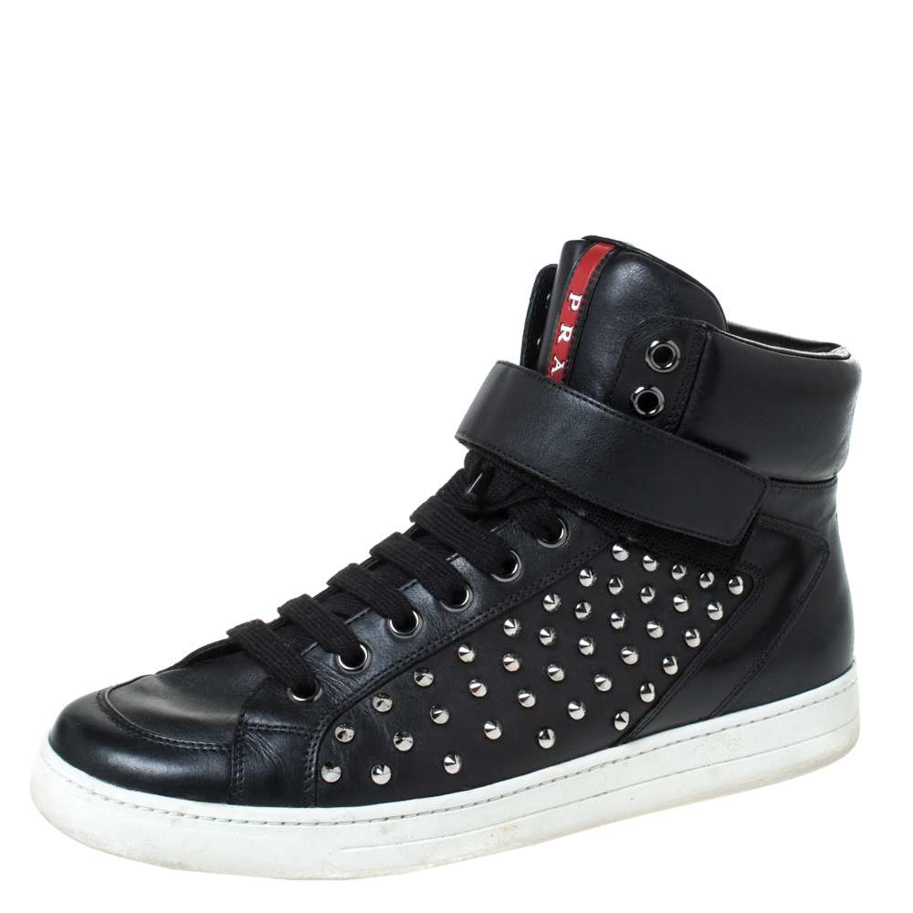 Image of Prada Sport Black Leather Studded Lace Up High Top Sneakers Size