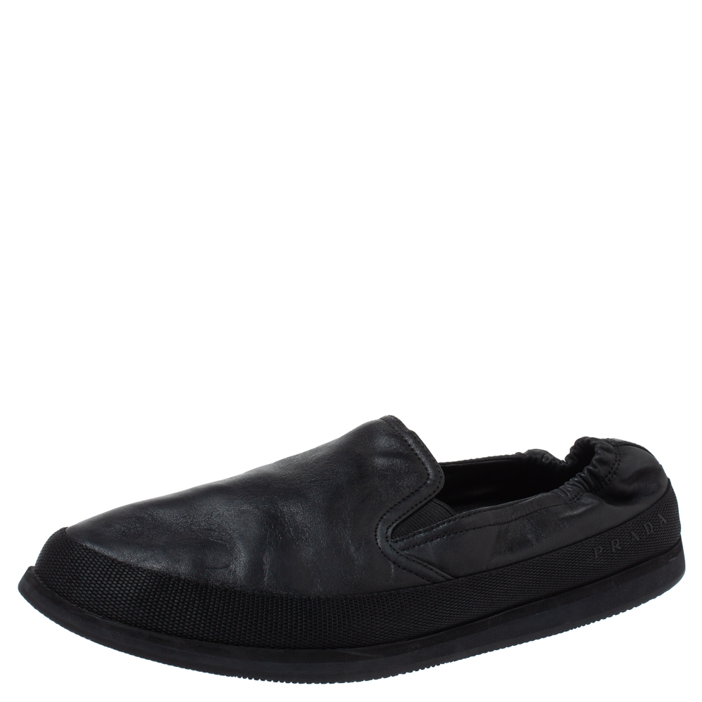 Image of Prada Sports Black Leather Scrunch Slip On Sneakers Size