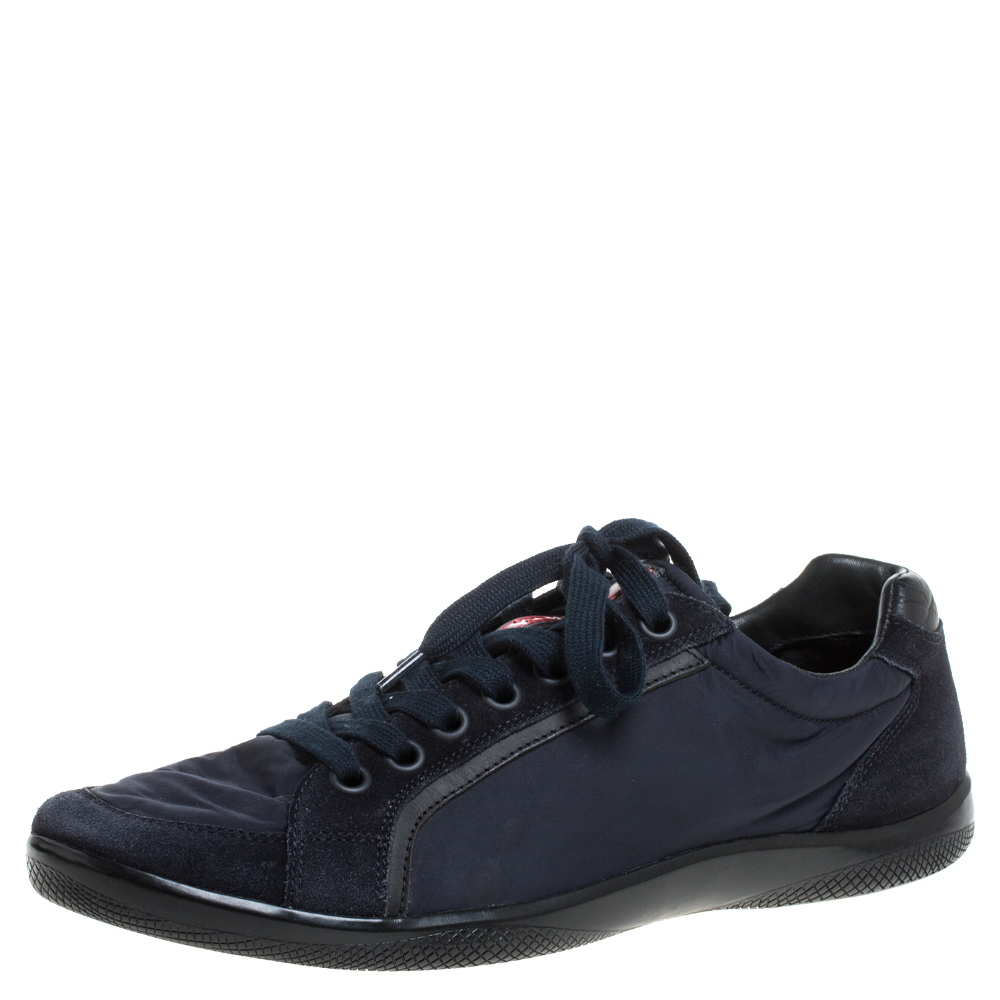 Image of Prada Sport Navy Blue Nylon and Suede Lace Top Sneakers Size