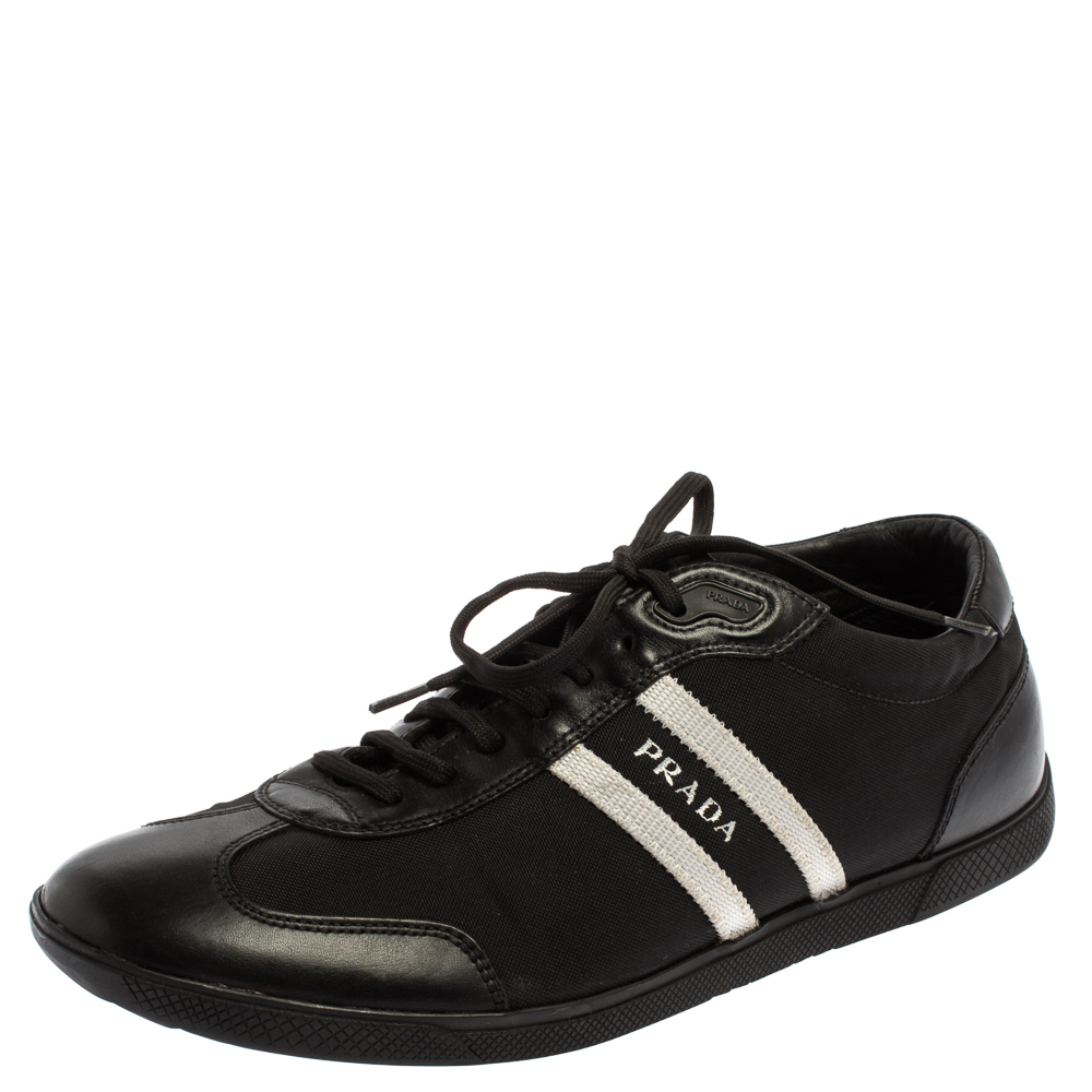 Image of Prada Black/White Nylon And Leather Low Top Sneakers Size