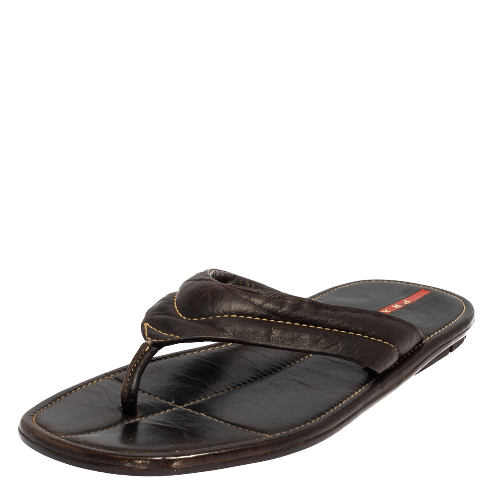 Prada Sport Black Leather Thong Sandals Size 44.5