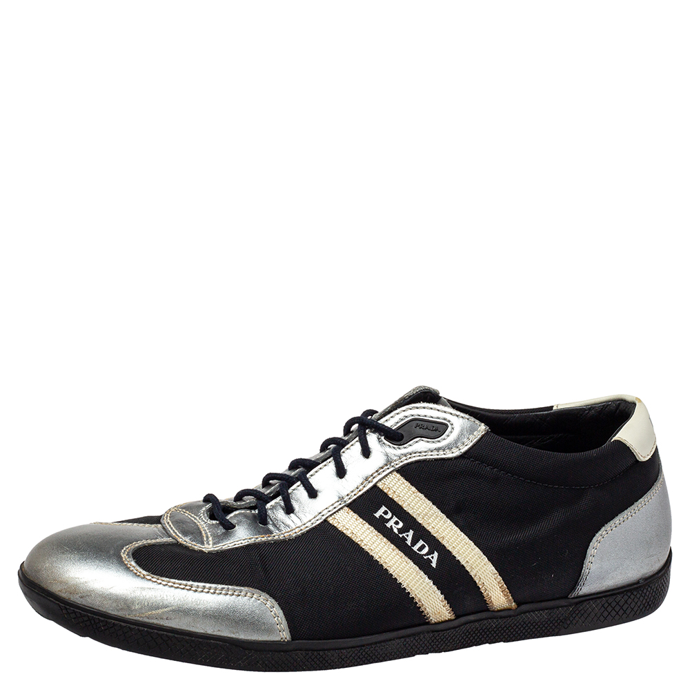 Prada Sport Black/Silver Nylon And Leather Low Top Sneakers Size 42
