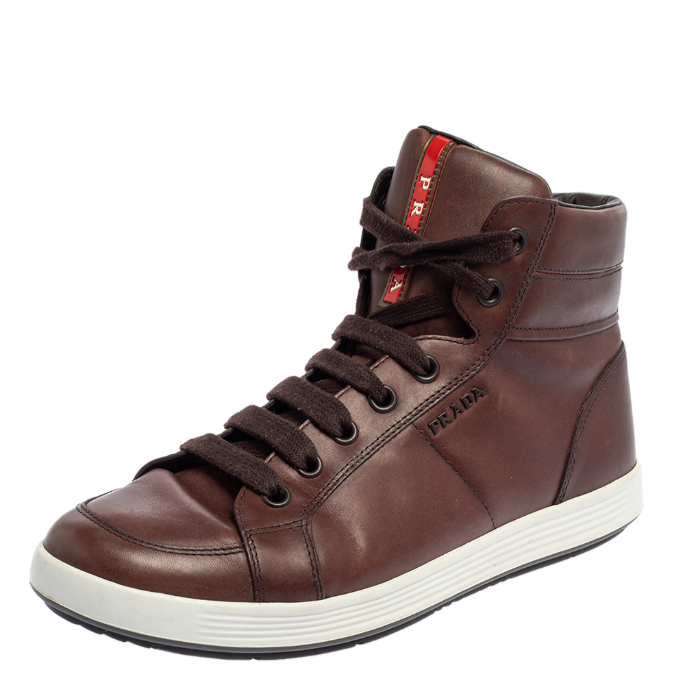 Prada Sport Brown Leather High Top Sneakers Size 42