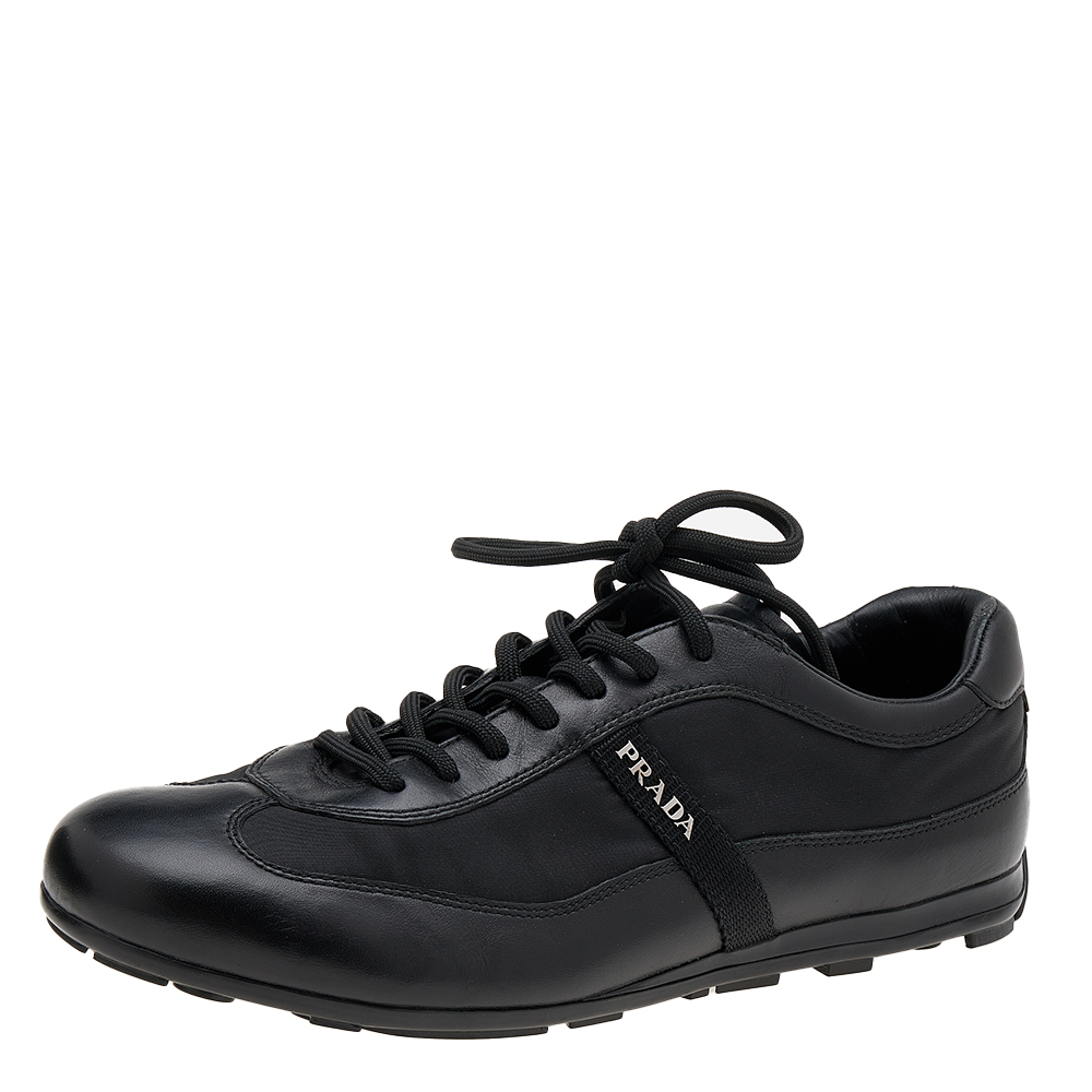 Prada Sport Black Leather And Nylon Low Top Sneakers Size 41.5