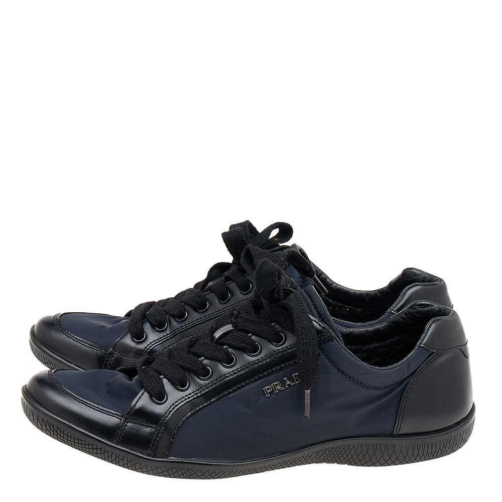 Prada Sport Navy Blue/Black Nylon And Leather Low Top Sneakers Size 37