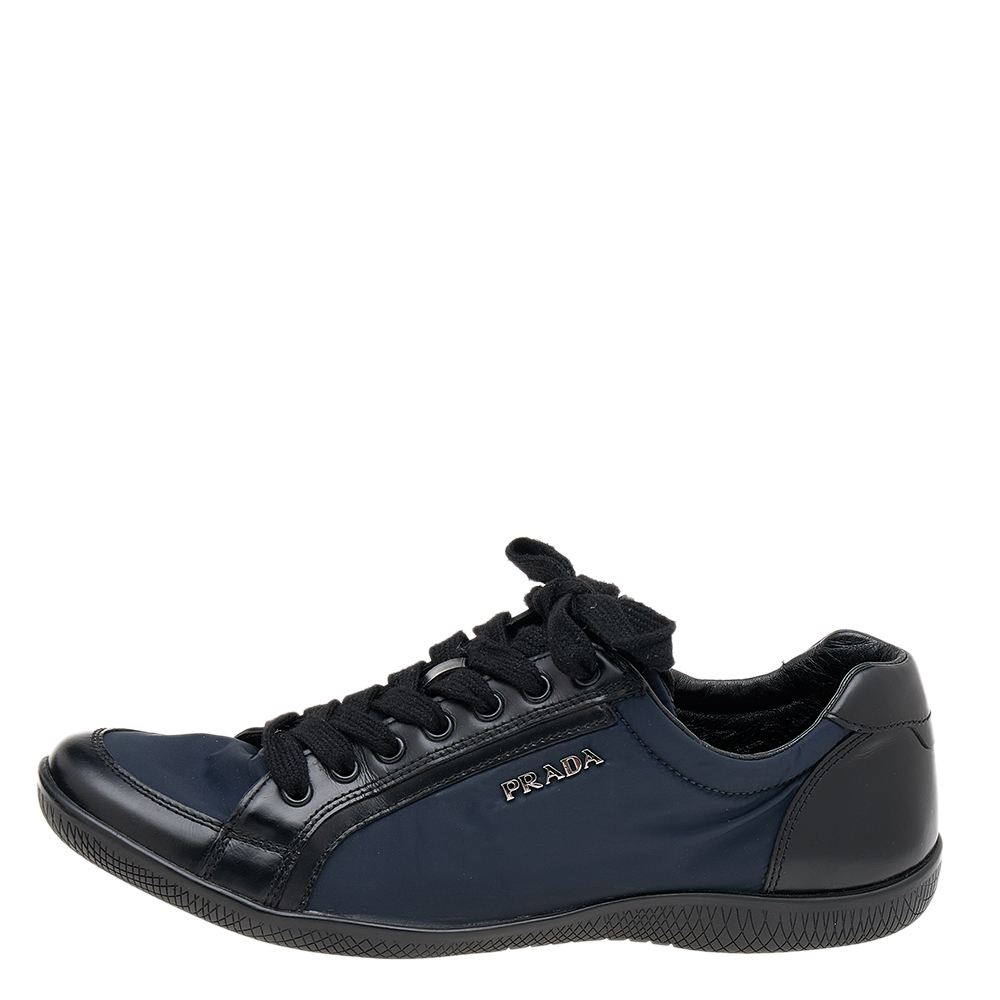 Prada Sport Navy Blue/Black Nylon And Leather Low Top Sneakers Size 37