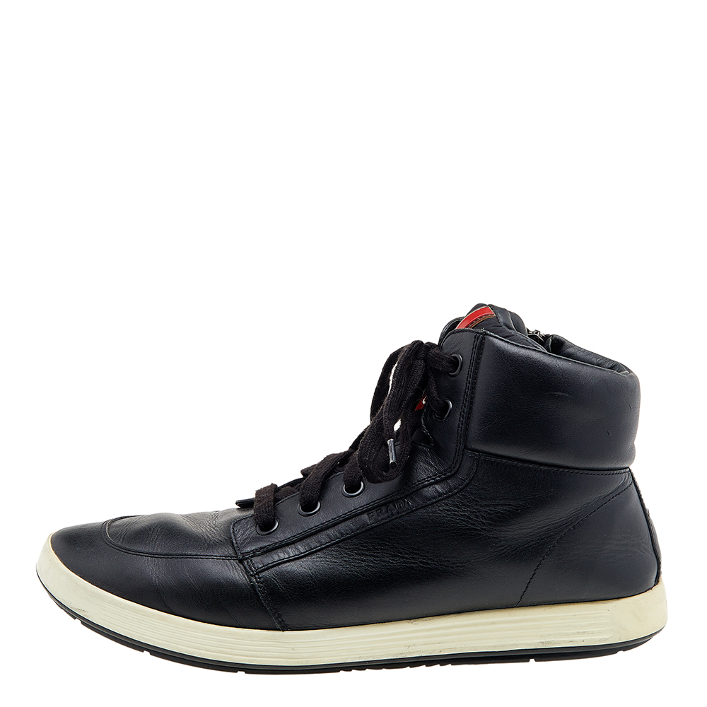 Prada Sport Black Leather High Top Sneakers Size 44