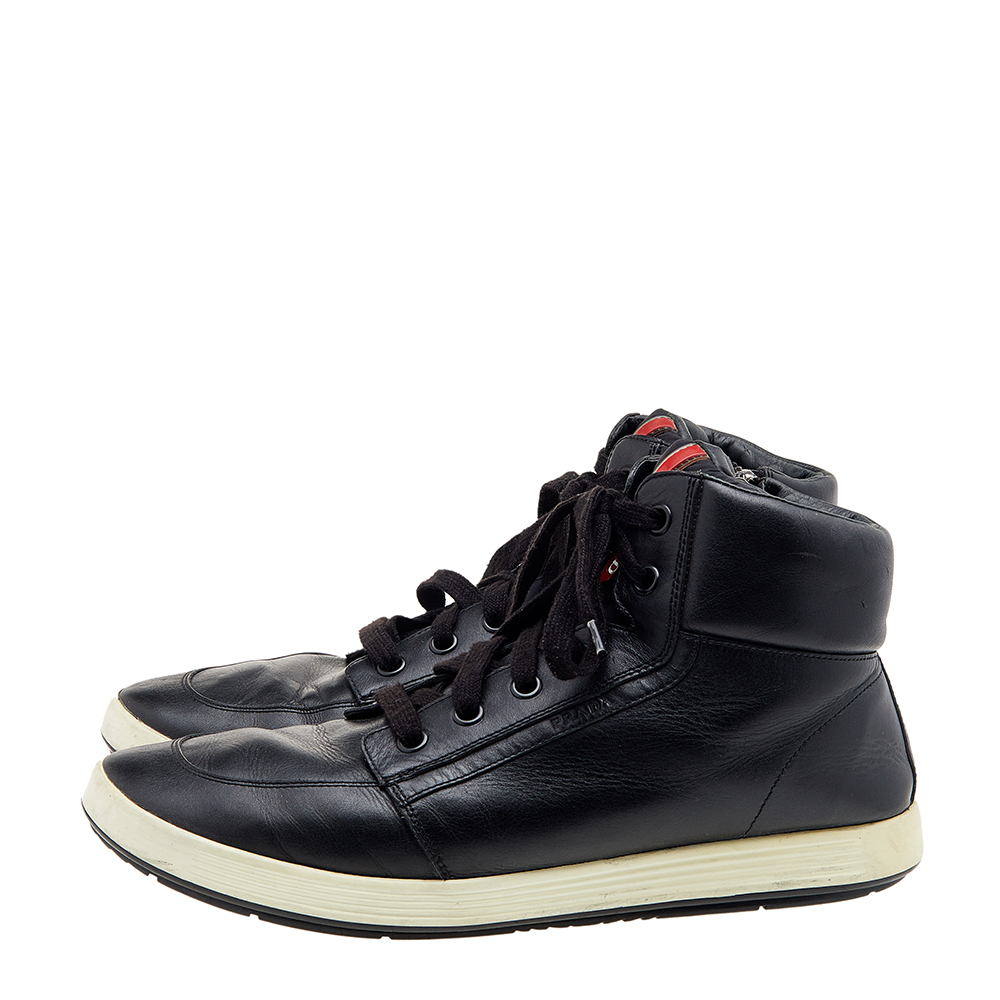 Prada Sport Black Leather High Top Sneakers Size 44