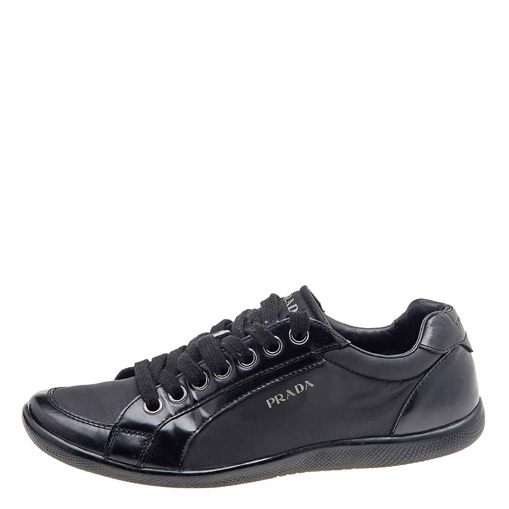 Prada Sport Black Leather And Nylon Low Top Sneakers Size 39.5