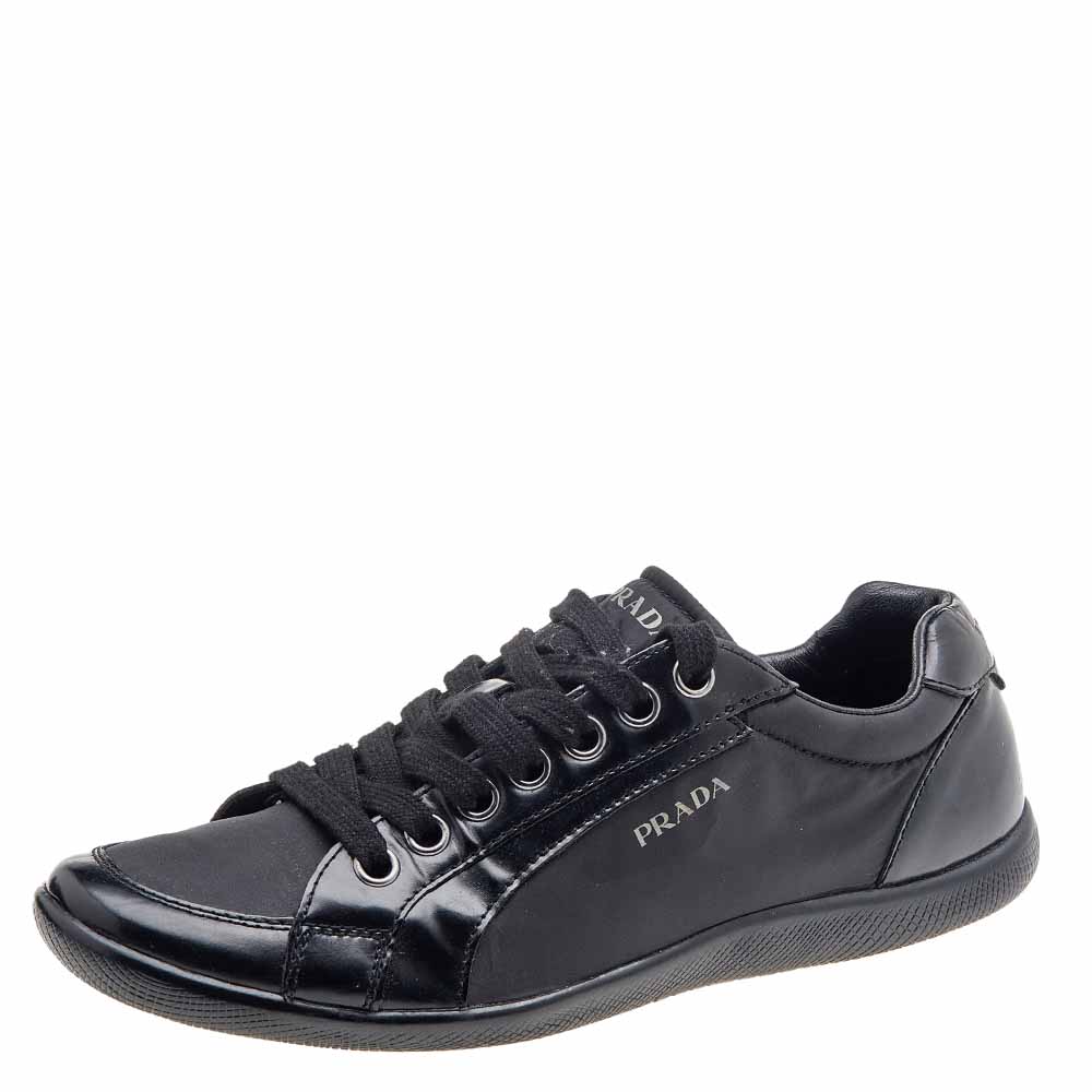Prada Sport Black Leather And Nylon Low Top Sneakers Size 39.5