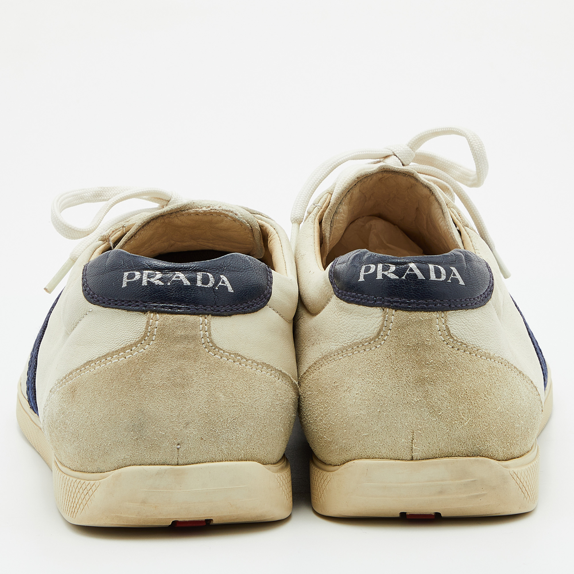 Prada Sport Off White Leather And Suede Low Top Sneakers Size 42