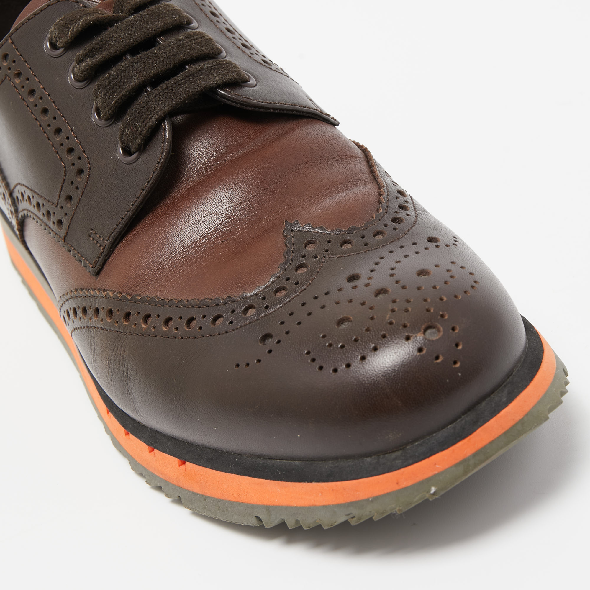 Prada Sport Brown Brogue Leather Derby Sneakers Size 42.5