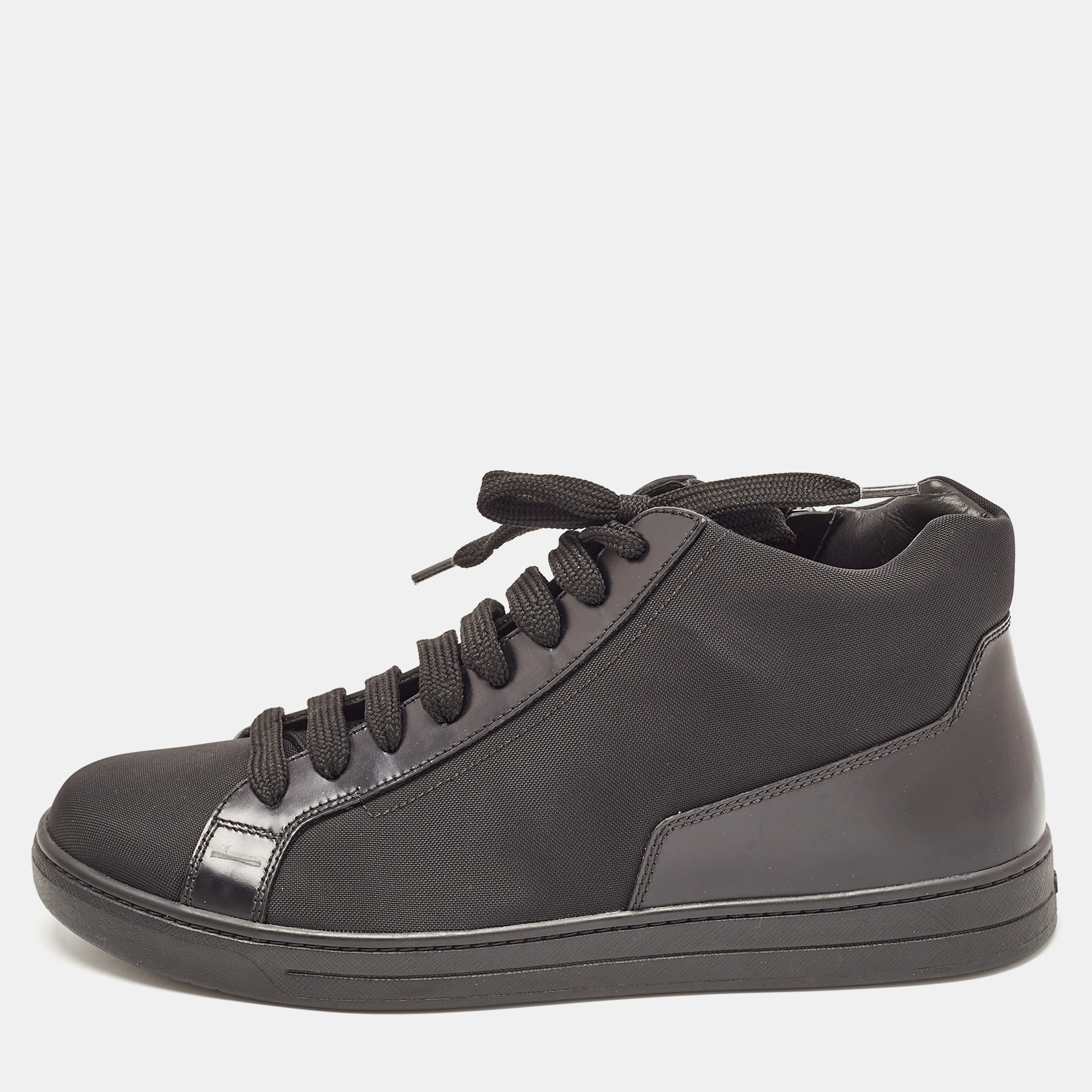 Prada Sport Black Nylon And Leather Mid Top Sneakers Size 43
