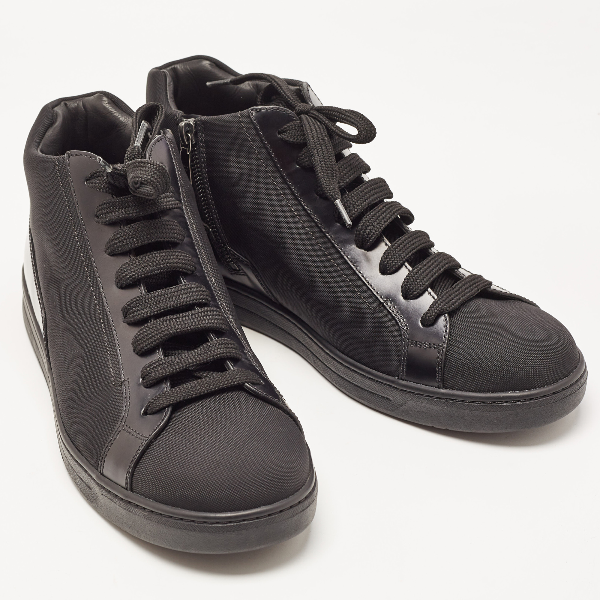 Prada Sport Black Nylon And Leather Mid Top Sneakers Size 43