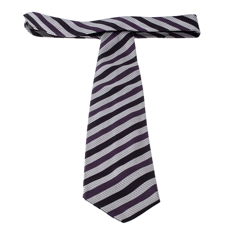 Holliday & Brown For Prada Purple Diagonal Striped Patterned Silk Jacquard Tie