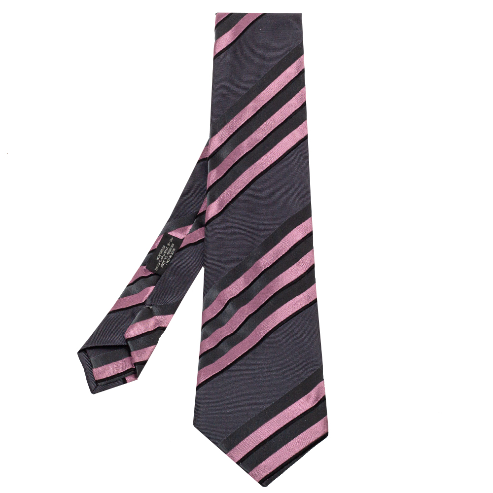 Prada Grey & Pink Diagonal Striped Silk Tie