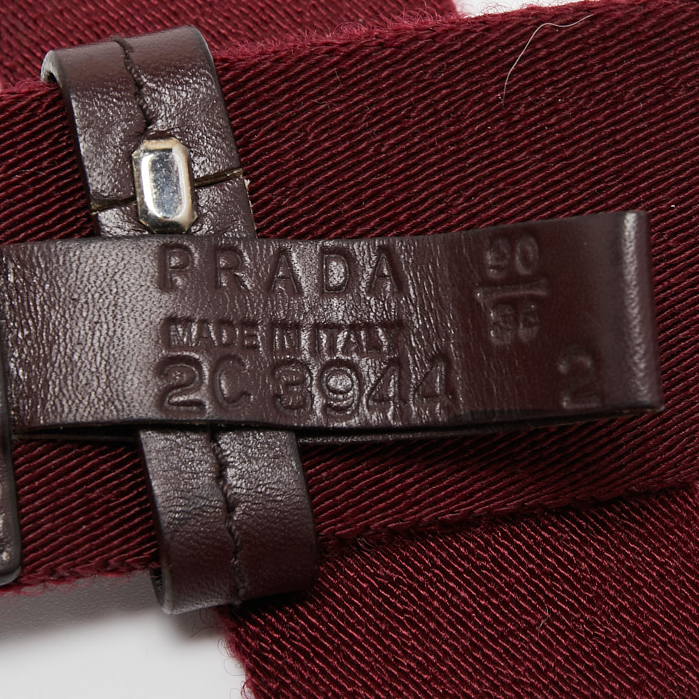 Prada Burgundy Leather And Canvas Logo Plate Buckle Belt 90CM