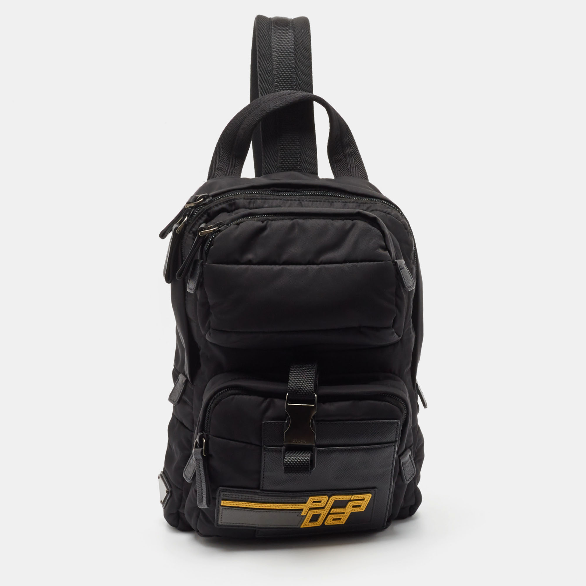 Prada Black Leather And Nylon Racing Logo Sling Backpack