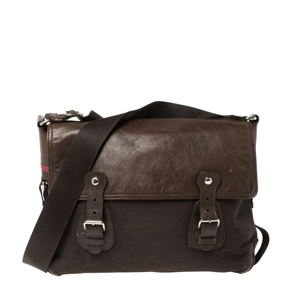 Image of Prada Brown Canvas and Leather Messenger Bag