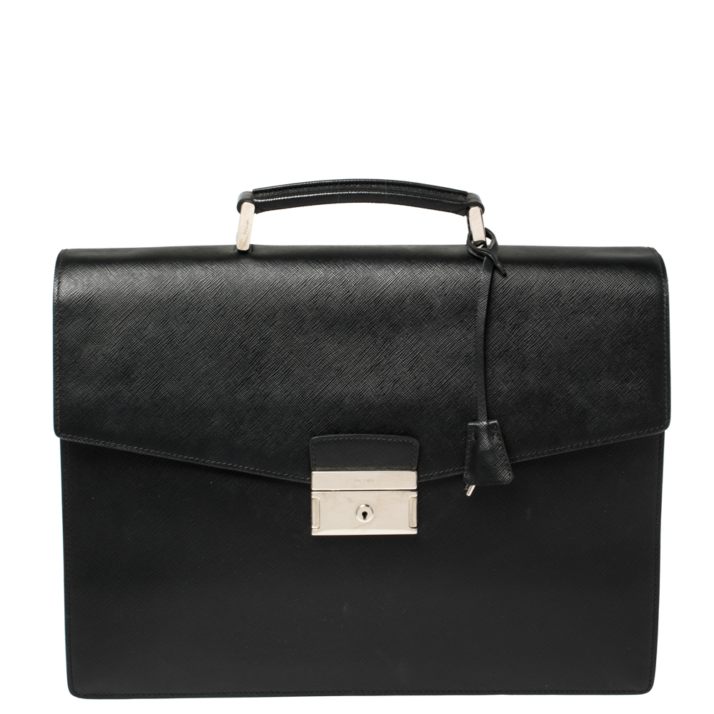 Prada Black Saffiano Lux Leather Double Gusset Briefcase