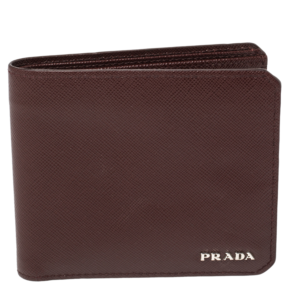 Prada Burgundy Saffiano Lux Leather Bifold Compact Wallet