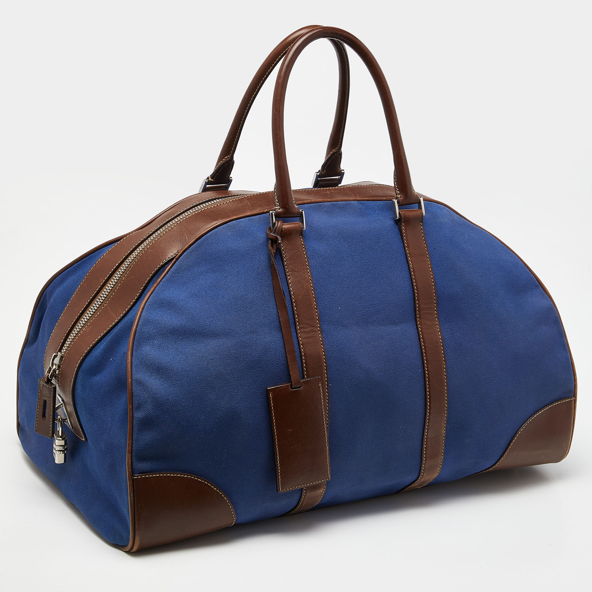 Prada Blue/Brown Canvas And Leather Weekender Bag