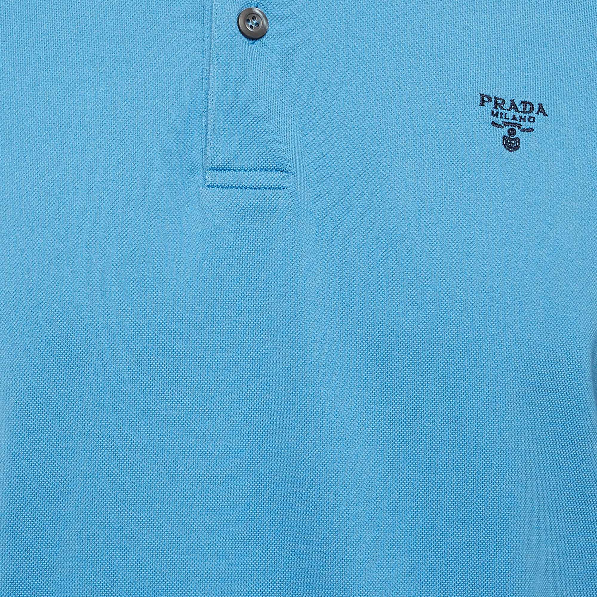 Prada Blue Logo Embroidered Cotton Pique Polo T-Shirt L