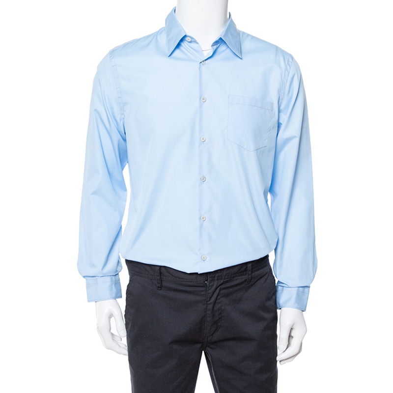 Image of Prada Light Blue Cotton Button Front Long Sleeve Shirt XL