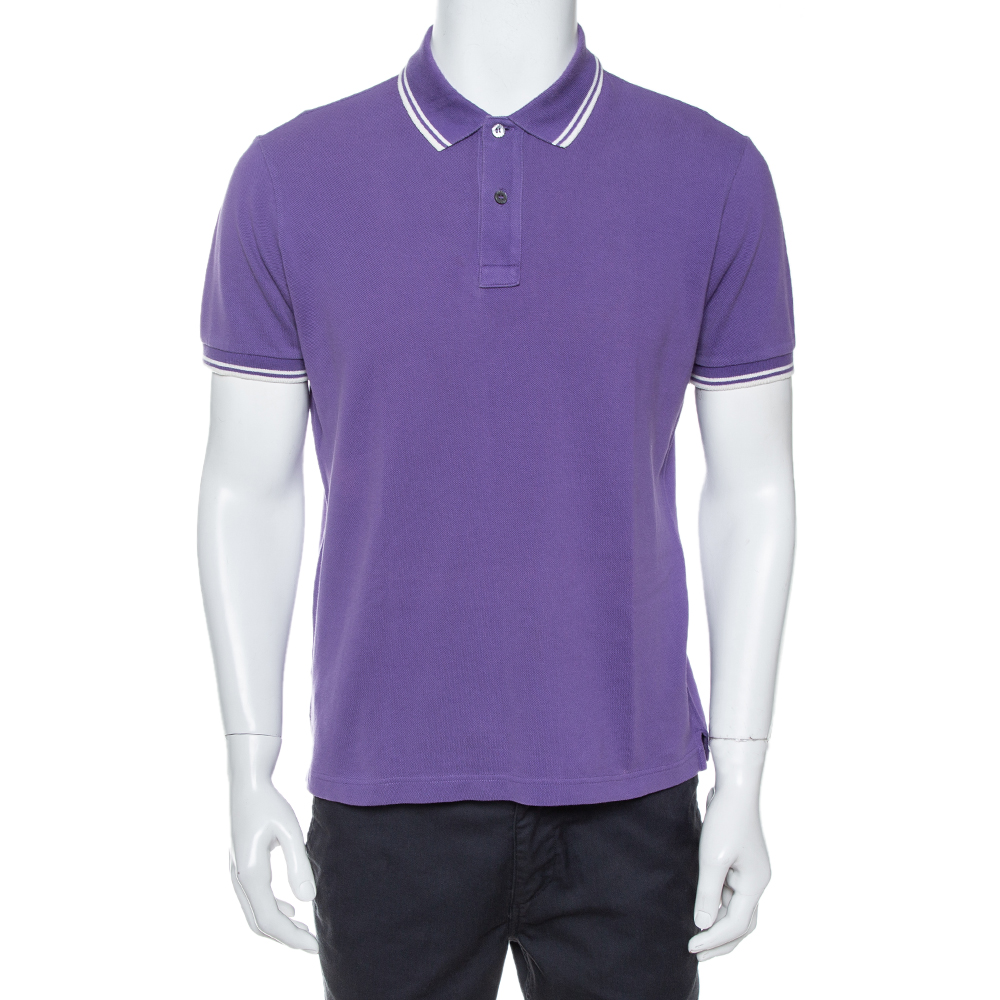 Prada Purple Cotton Pique Striped Trim Detail Polo T-Shirt XL