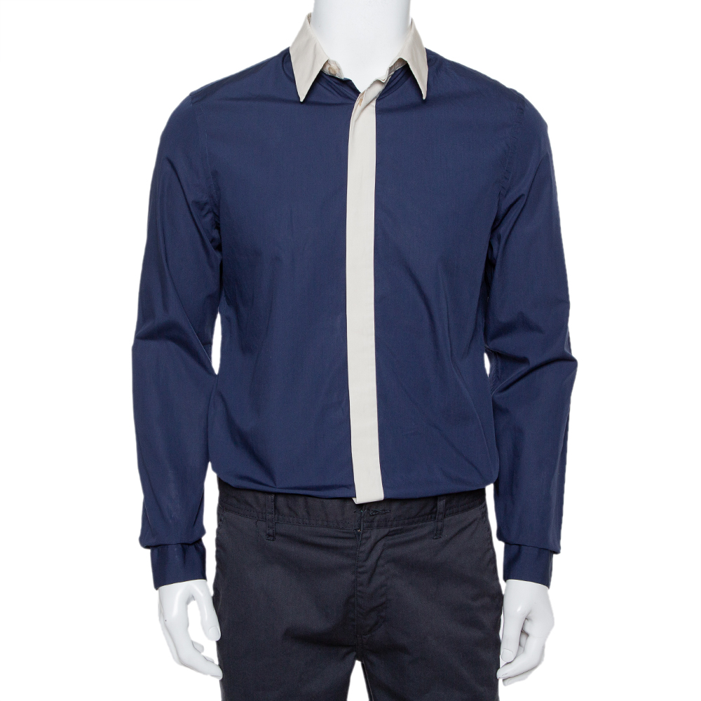 Prada Navy Blue Cotton Contrast Collar & Placket Detail Button Front Shirt L