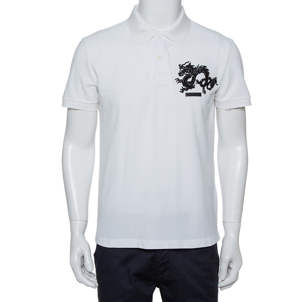 Prada White Cotton Pique Dragon Embroidered Polo T-Shirt XXL