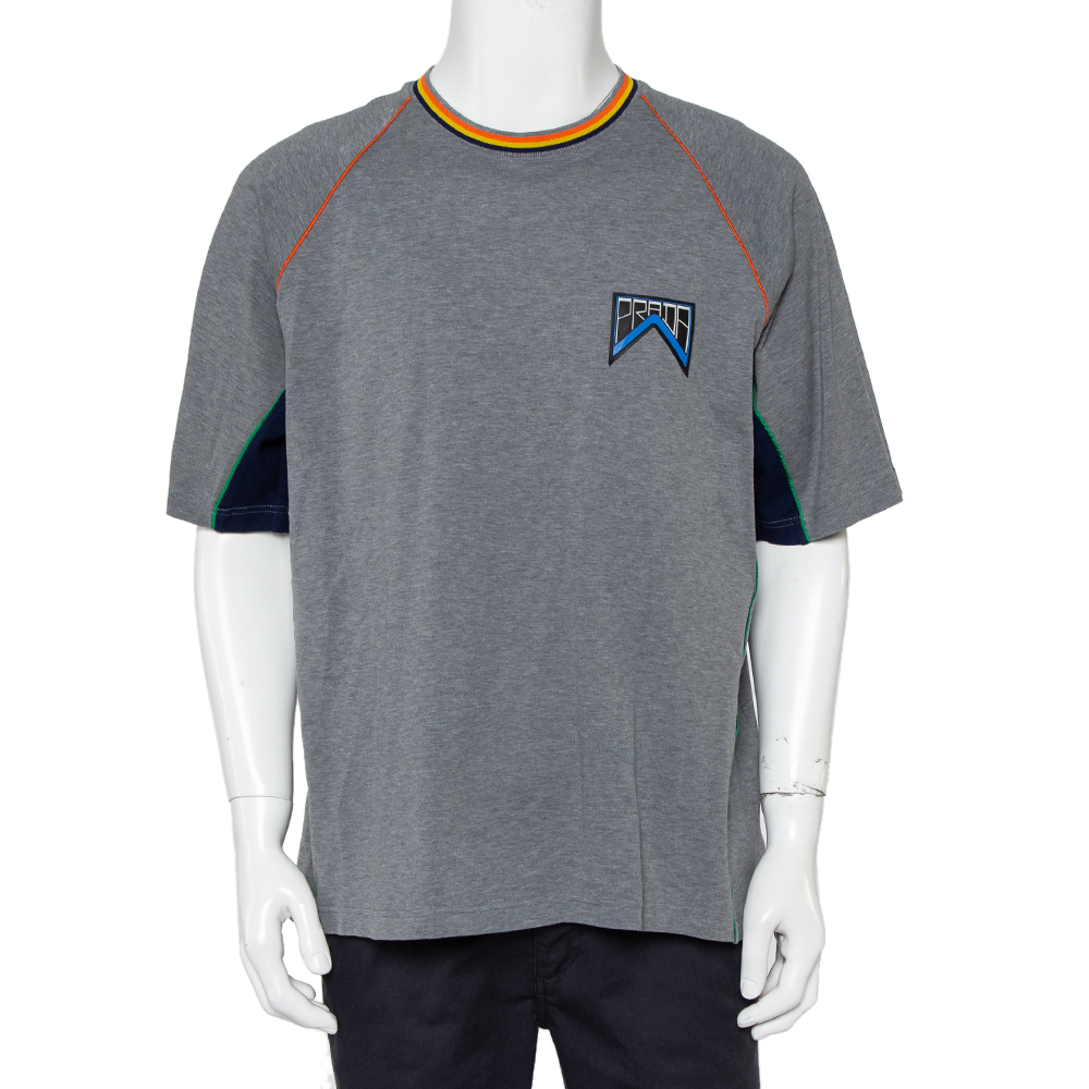 Prada Grey Cotton Pique Contrast Trim Logo Patch Detail Crewneck T-Shirt XXL