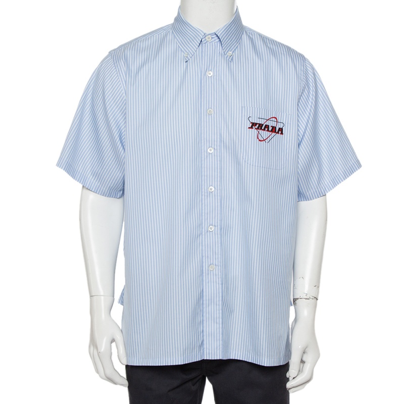 Prada Blue Striped Cotton Logo Printed Short Sleeve Shirt XXL